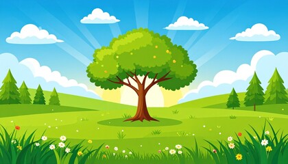 Fototapeta premium Cartoon scene Large tree in a sunny meadow with clouds, trees, and blue sky