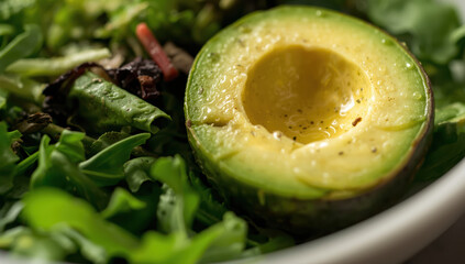 Ripe avocado half on mixed greens salad with olive oil and pepper