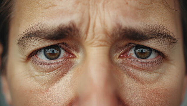 Tired brown eyes close up with wrinkles and furrowed brow conveying fatigue