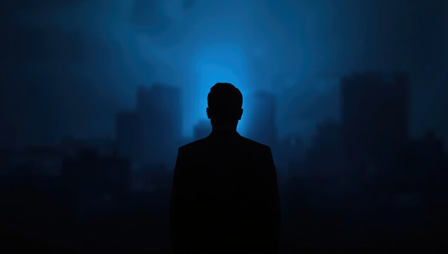 Silhouette of person facing moody blue city skyline at night conveying solitude