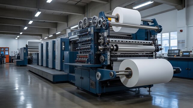 Industrial printing machine with large paper rolls in factory setting photo