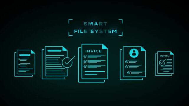 Conceptual of a smart file system with sequential document in bright blue neon on a dark backdrop, symbolizing organized digital data storage and retrieval for efficient management