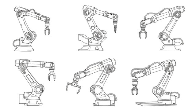 Robotic arms with various tools in different positions illustrated