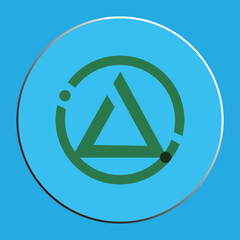 Modern Tech Symbol with Green Delta Triangle and Connectivity Orbit on Blue Circular Background