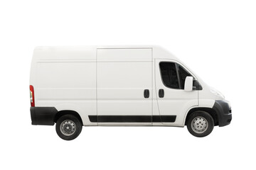 Fototapeta premium White cargo delivery van side view isolated on white background. Clean cut out commercial vehicle for logistics, shipping, courier service, business fleet, advertising, web and print design.
