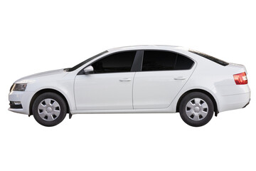 Obraz premium White sedan car side view isolated on white background. Clean cut out passenger vehicle for business, commuting, taxi, rental, dealership marketing, automotive design templates and mockups.