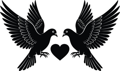 Fototapeta premium Beautiful silhouette of two flying pigeons with a heart symbol for wedding invitation decoration, peace concept, and romantic valentine design.