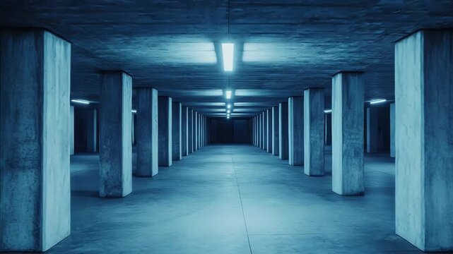 Empty concrete parking garage with strong architectural perspective, featuring rows of columns and bright neon lights creating a minimalist and futuristic aesthetic