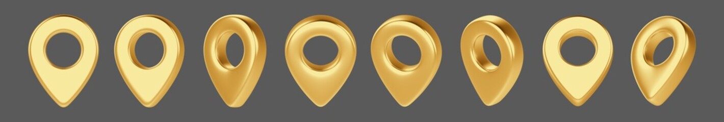 3D gold location pointer icon set. Glossy map pin symbol representing GPS navigation and travel with reflective metallic texture and modern 3D design.  © kuroksta