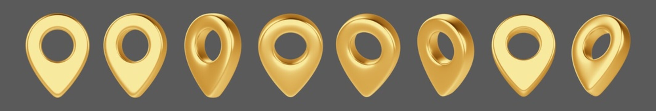 3D gold location pointer icon set. Glossy map pin symbol representing GPS navigation and travel with reflective metallic texture and modern 3D design.

