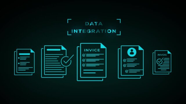 Data integration concept demonstrating a digital document workflow with checkmarks and text for seamless information exchange on a dark background with glowing blue lines and futuristic brackets