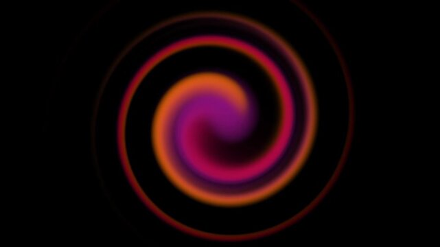 Abstract glowing spiral of orange and purple light moving on dark background.