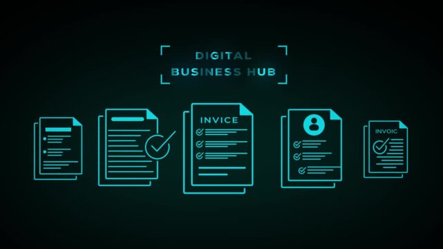 A digital business hub illustrated with a series of glowing teal document on a dark background, representing a centralized system for managing information and facilitating seamless operations