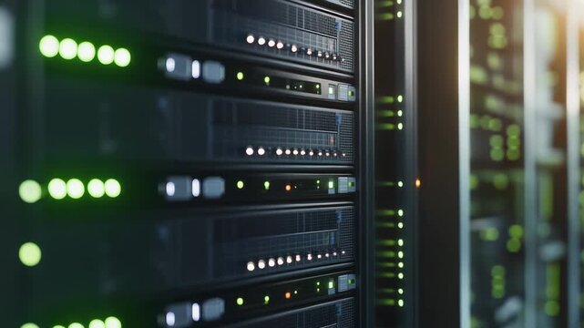 Server racks with blinking green indicator lights are working hard inside a modern compute environment, creating a powerful digital infrastructure for cloud technologies and information systems