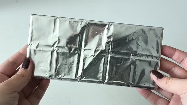 Chocolate bar in foil in hands on a white background. Sweets. Dark chocolate