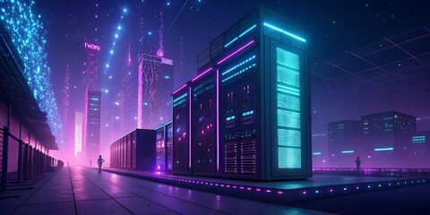 Cyberpunk data center at night, vibrant neon purple and electric blue lighting, holographic AI interfaces, floating data particles, lens flare effects, futuristic technology atmosphere, dramatic shado