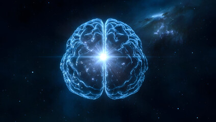 Obraz premium A vivid representation of a brain illuminated by glowing blue energy, symbolizing creativity and intelligence in a cosmic background.