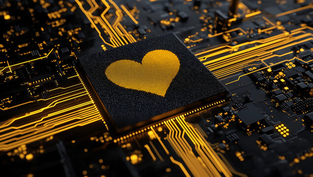 An abstract representation of love through a microchip design, combining technology and emotion in a digital landscape.