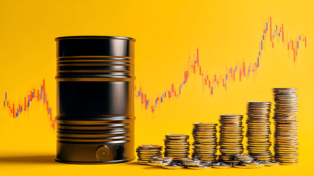 An image depicting the relationship between oil pricing and financial growth, showcasing a black barrel and ascending stacks of coins.