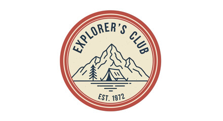 Fototapeta premium Vintage Explorer's Club emblem with mountains and tent illustration.