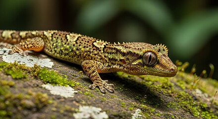 Fototapeta premium Small green lizard resting on a mossy surface in a forest.