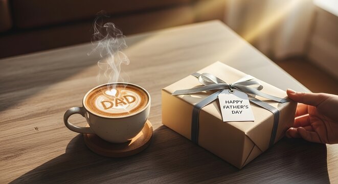 Heartwarming father's day morning with steaming coffee and gift