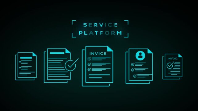 Service platform concept with glowing cyan line of documents and text on a dark background symbolizing digital operations and service delivery