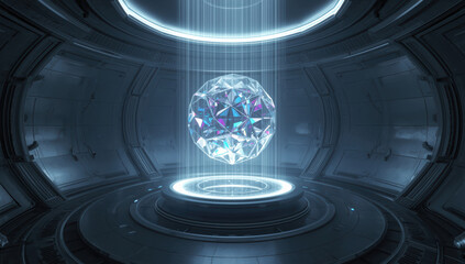 Obraz premium Futuristic holographic crystal orb suspended over illuminated platform, cool metallic sci‑fi
