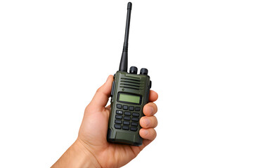 Hand Holding Rugged Military Walkie-Talkie with Extended Antenna &ndash; Communication Concept