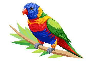 A vibrant cartoon rainbow lorikeet with bold blue, red, green, and yellow plumage, perched on a stylized branch with green leaves against a white backdrop.