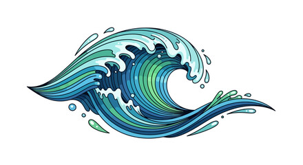 Stylized ocean wave illustration with blue and green hues.