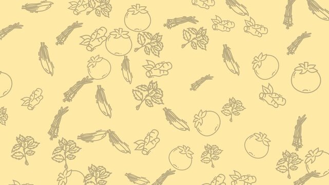 Repeating patterns of tomatoes, peas, and leafy plants on yellow background. Perfect for food packaging or kitchen decor design.