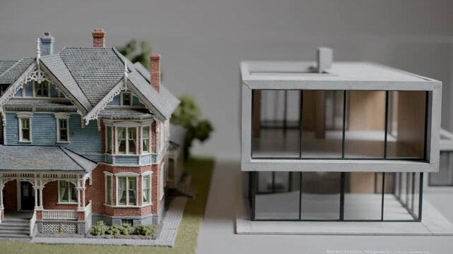 Two architectural models a traditional house with blue siding and brick and a minimalist modern building with large glass sections