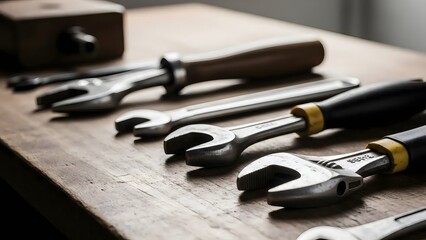 Close-up of Steel Spanner Hand Tools Lined Up on Wood