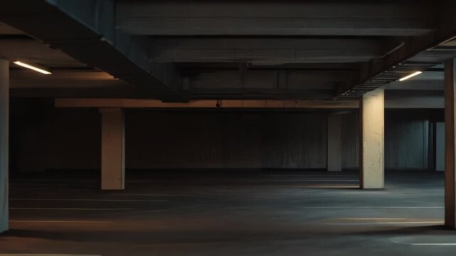 Large empty underground parking garage featuring rows of concrete pillars and fluorescent lighting, creating a minimalist and stark architectural space