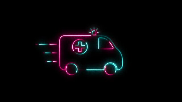Neon Out Line ambulance icon animation. Glowing Medical rescue service motion. Ambulance emergency service 4k video footage.