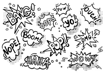 A comic book style illustration featuring various speech bubbles with exclamations and reactions. © shtamim