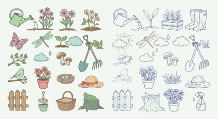 A collection of hand-drawn illustrations depicting various elements of gardening and nature, including plants, tools, insects, and weather. © renender