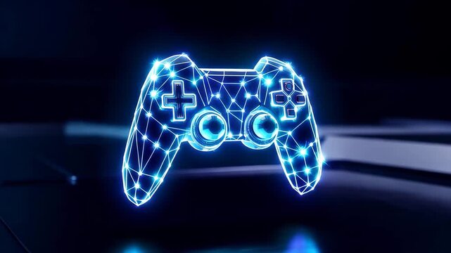 Glowing blue video game controller with neon lights and geometric shapes in dark background