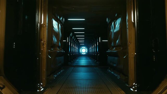 Futuristic spaceship corridor of dark metallic panels leading to a glowing portal of light, evoking mystery, advanced technology and a journey into unknown dimensions