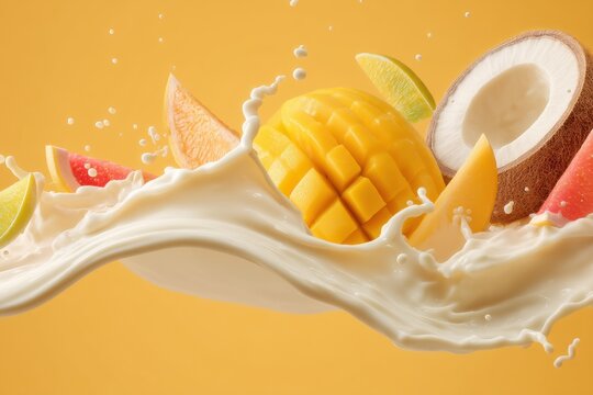 Tropical Mango Orange Coconut Milk Liquid Splash Background Fresh Fruit Texture Vibrant Refreshing Summer Backdrop Wallpaper