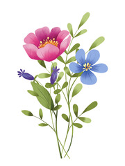 Flowers, leaves spring floral clip art. Bouquet perfectly for printing design on invitations, greeting cards, posters and other. Isolated on white background. Hand painting.