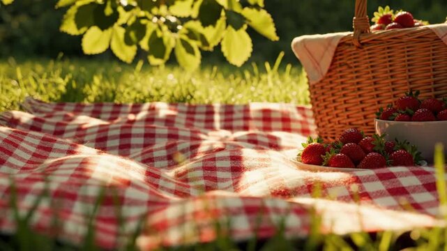 Summer Picnic Basket with Strawberries on a Gingham Blanket in Sunlight