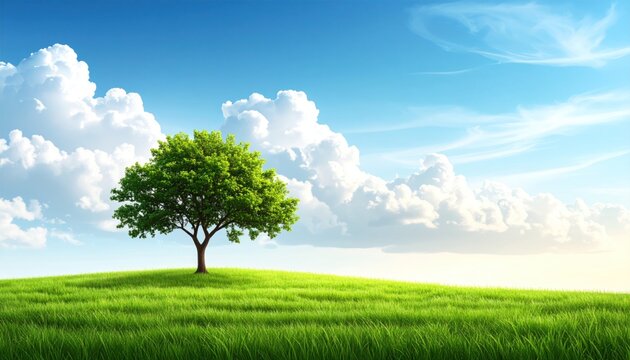 Lush green tree sits atop a hill under a bright blue sky filled with fluffy white clouds