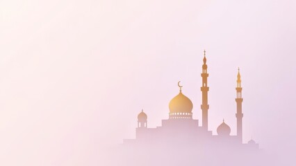 Obraz premium Minimalist Mosque Silhouette with Golden Dome and Minarets Against a Soft Gradient Sky.