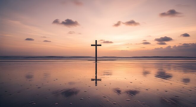 Good friday reflection cross silhouette at serene sunset on calm waters