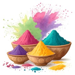 Vibrant holi colors in bowls with splashes