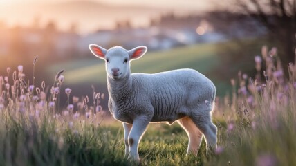 Obraz premium Lamb in Spring Meadow– Faith and Innocence Concept