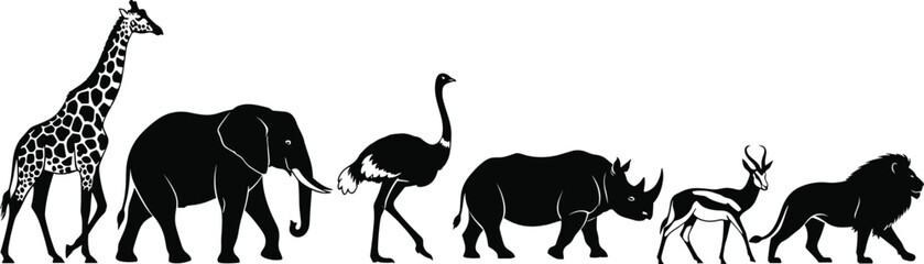 Black African Safari Animal Silhouette Collection, Giraffe Elephant Ostrich Rhino Gazelle and Lion Vector Clipart Set on Isolated White Background, (21 words) © Rowshan