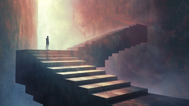 Man stands on edge of infinite staircase, each step leading to self-realization and personal growth, hyperrealistic style with detailed illusionary architecture